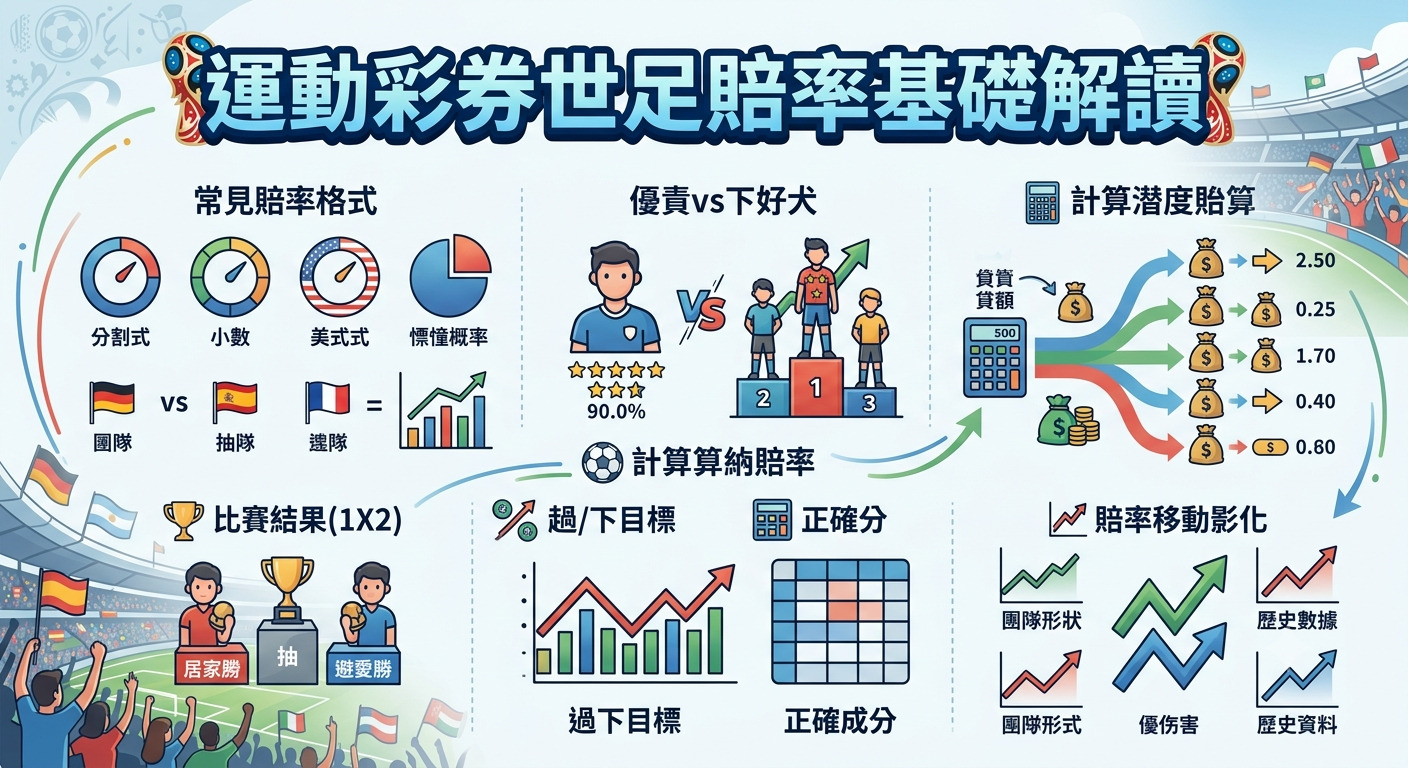這是一張關於運動彩券世足賠率解讀的資訊圖表，以簡潔的圖示與圖表呈現賠率類型、計算方式及比賽結果預測。 整體設計清晰專業，旨在協助使用者快速掌握賠率分析的基礎概念。