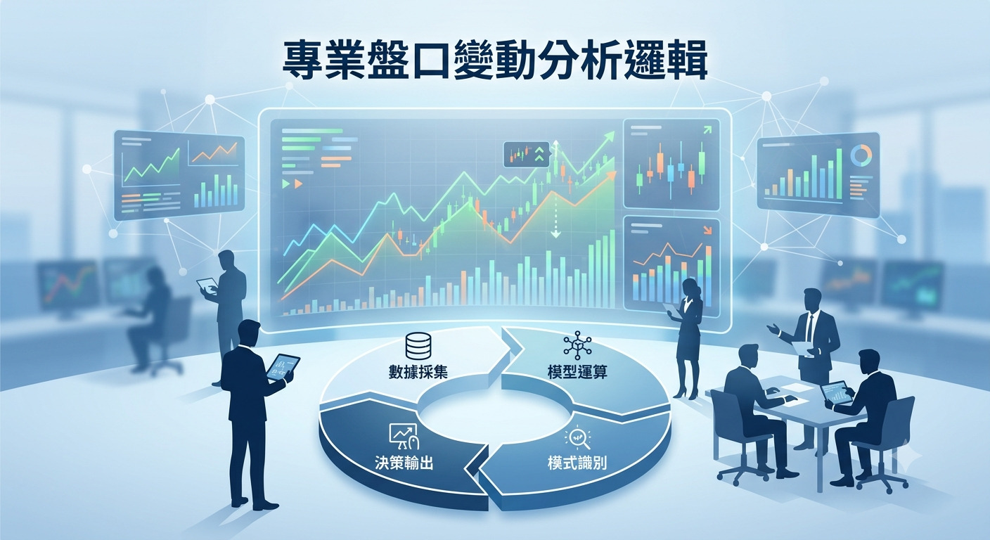 這張圖展示了專業的盤口變動分析場景，背景為現代化數據監控中心。 畫面中央以循環圖表呈現數據採集、模型運算、模式識別及決策輸出的核心邏輯。