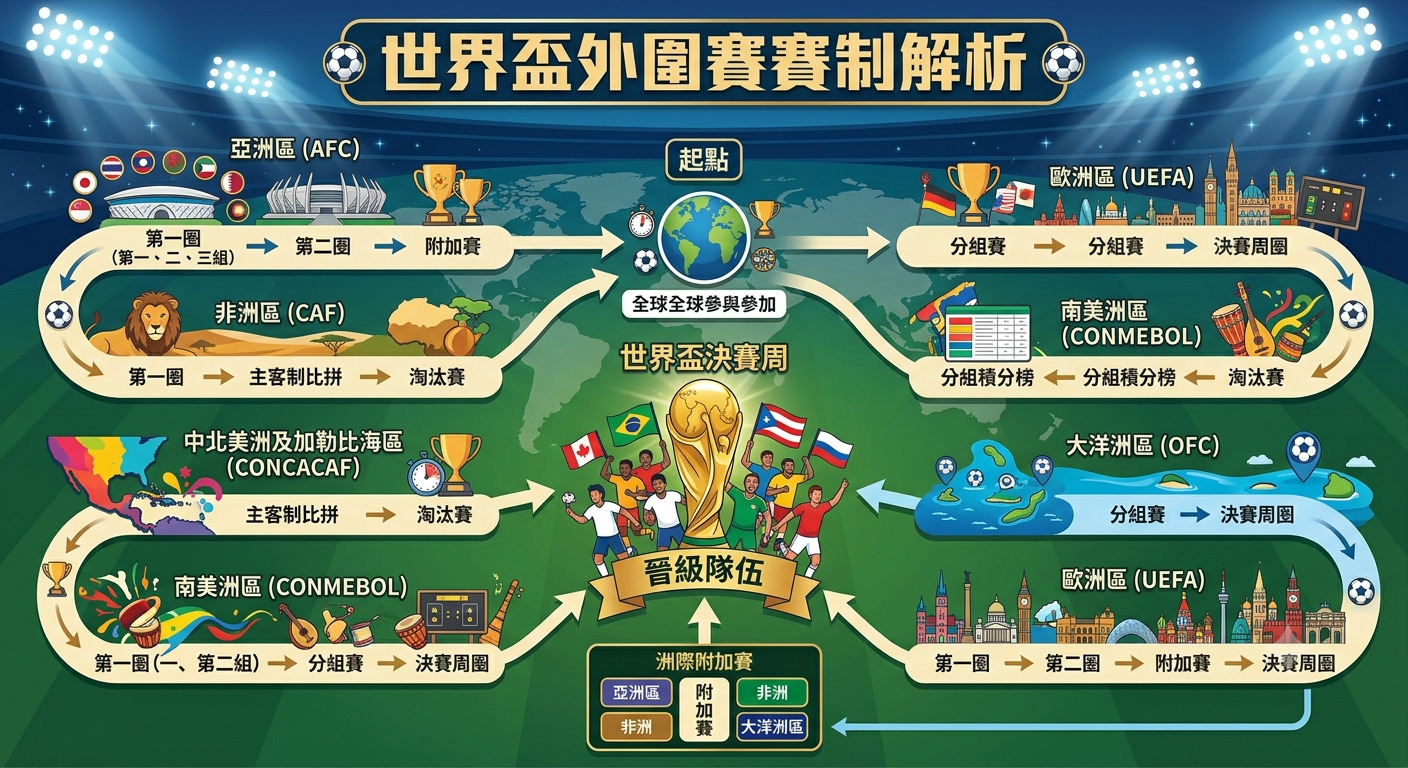 這是一張關於「世界盃外圍賽賽制解析」的資訊圖表，以足球場為背景，清晰地呈現了全球各洲際足球聯合會不同的資格賽晉級路徑。 圖表中心聚焦於世界盃獎盃與晉級隊伍，並透過箭頭流向圖與各地區代表性元素，說明了各賽區如何通往最終的決賽週。