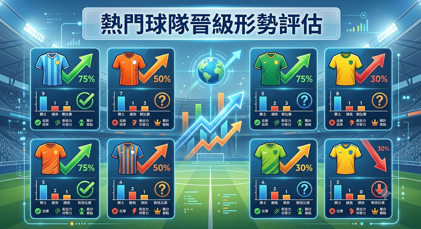 這是一張以「熱門球隊晉級形勢評估」為主題的數據分析圖，畫面呈現多支球隊的勝負統計、晉級機率與趨勢走向。 圖表結合了運動球衣、立體圖表與科技感介面，直觀地展示了各熱門隊伍在賽事中的競爭狀態與未來前景。