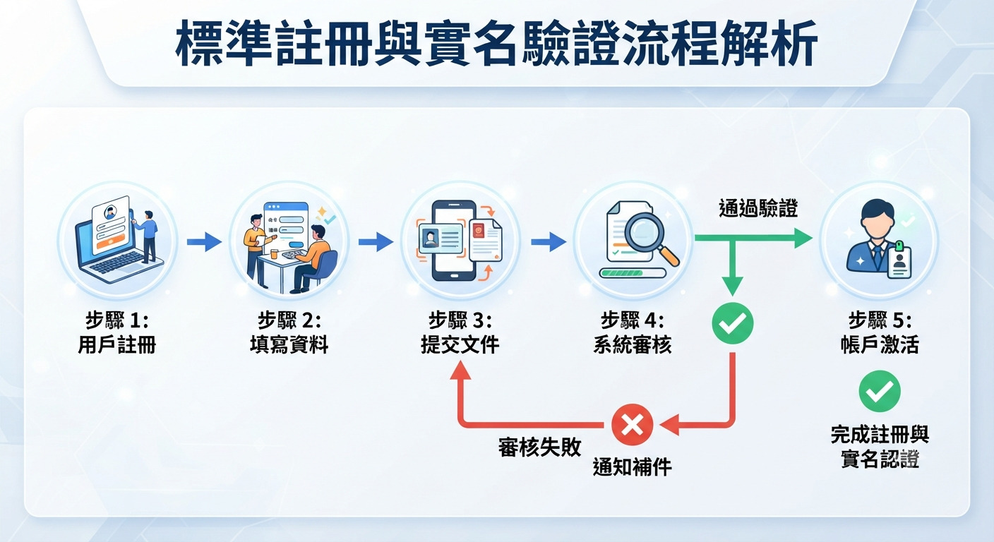 該圖像展示了標準註冊與實名驗證的完整流程圖解。 內容包含用戶註冊、填寫資料、提交文件、系統審核與帳戶激活等五個步驟。