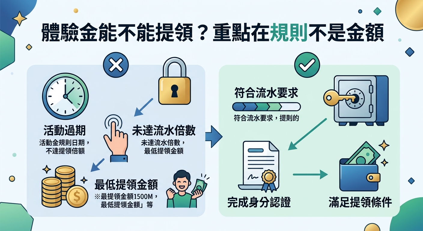這張圖像是以潔淨淡藍與綠色為基調的資訊圖表，標題寫著「體驗金能不能提領？重點在規則不是金額」。 畫面呈現左右對比，左側示範未達要求的鎖定狀態，右側則以鑰匙、解鎖金庫與錢包象徵滿足條件後順利提領。