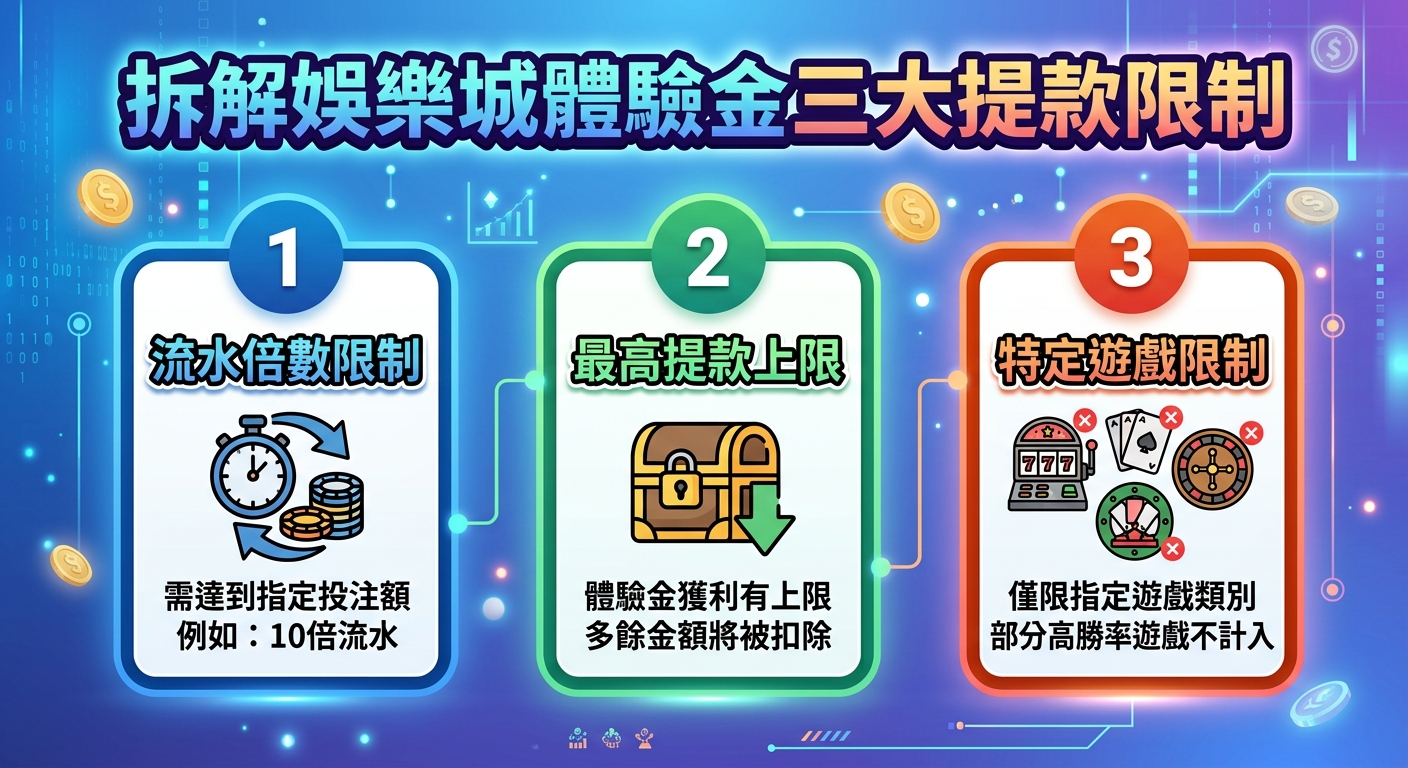 這張圖片呈現藍色科技感背景，上方標示著繁體中文標題「拆解娛樂城體驗金三大提款限制」。 畫面下方排列三個彩色卡片，分別以圖示說明「流水倍數限制」、「最高提款上限」與「特定遊戲限制」等提款條件。