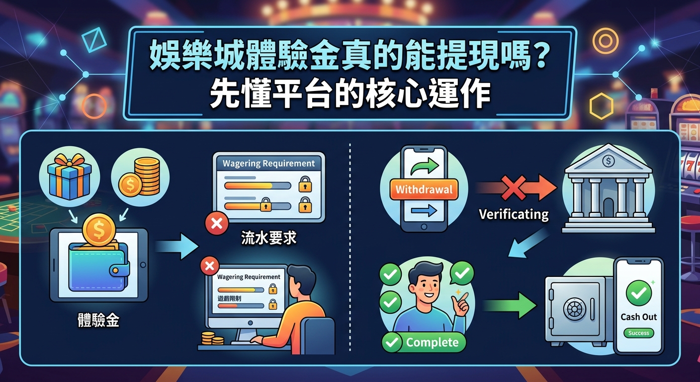 圖片展示了娛樂城體驗金的提現流程與流水要求，並探討了玩家能否順利提現的核心運作機制。