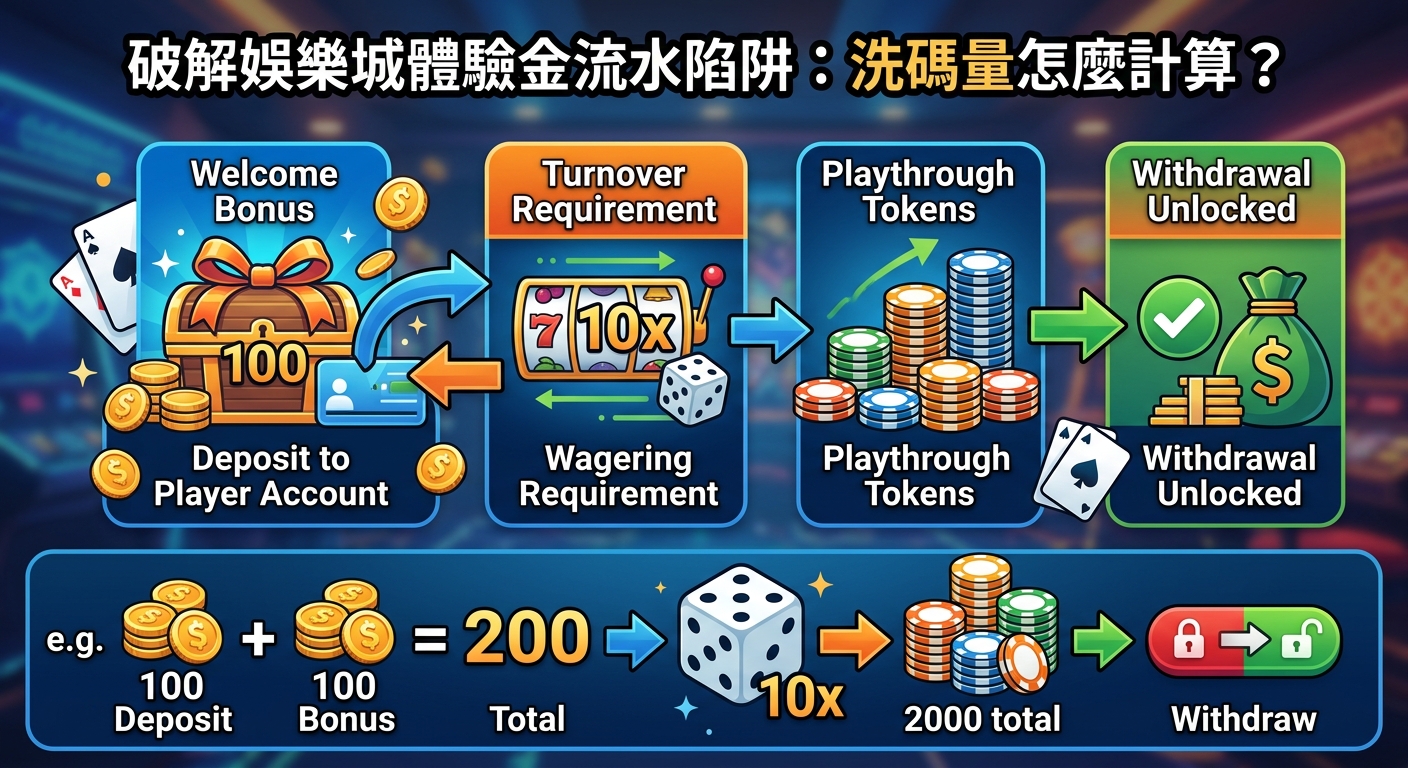 這是一張關於娛樂城體驗金流水陷阱的主題圖片，上方標題為「破解娛樂城體驗金流水陷阱：洗碼量怎麼計算？」。 圖片下方透過圖表與代幣圖示，詳細解析了存款、紅利、投注要求以及解鎖提款的計算過程。